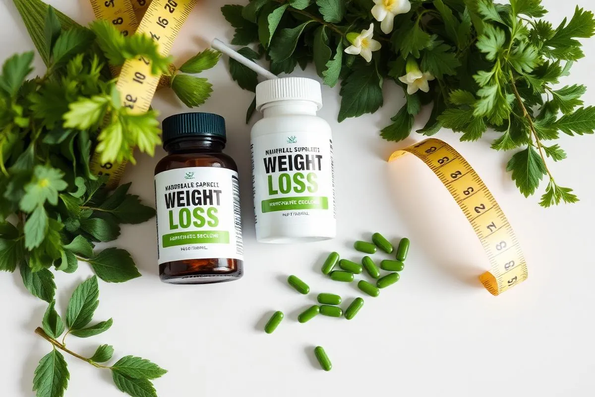 Natural weight loss supplement bottles with green herbal capsules and fresh herbs on a white surface